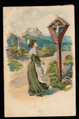 Amour-AK Femme en costume bavarois - Prière sur le croix, PRIEN vers 1902