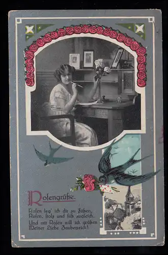 Liebes-AK Rosengrüße Brieftaube  - Ein Liebesbrief entsteht, WIEN 23.7.1936