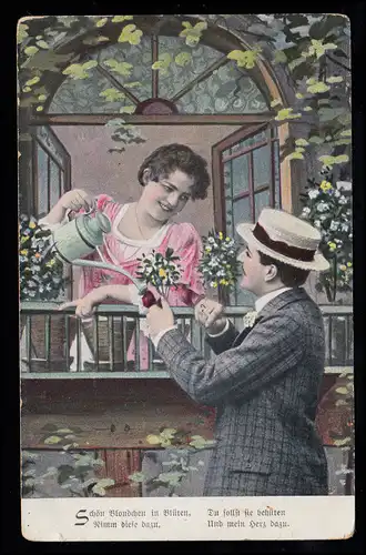 L'amour-AK Verser des fleurs - Couple d'Amour à la fenêtre, HÖRBRANZ 3.9.1907