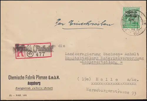 197 SBZ-Aufdruck EF auf R-Brief Not-R-Zettel JESSNITZ (ANHALT) 6.1.1949