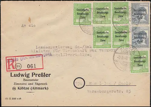 185+186 SBZ-Aufdrucke MiF R-Brief Not-R-Zettel KLÖTZE (Kr. GARDELEGEN) 2.9.1948