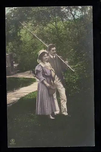Autriche Amour-AK: Les amoureux en route pour la pêche, couru vers 1910