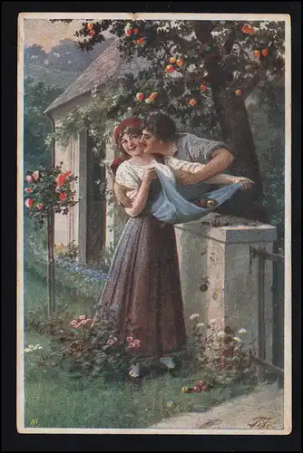 Liebes-AK: Ein Kuss in Ehren - Liebespaar im Garten, 15.5.1919