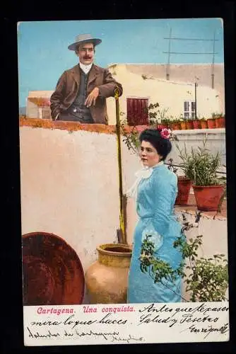 Spanien AK Cartagena: Liebespaar in spanischer Tracht Ortspostkarte DRESDEN 1904