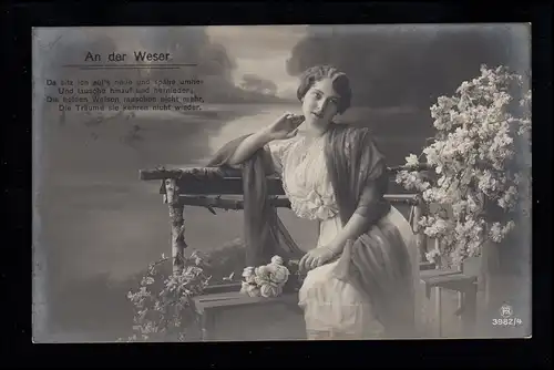 Liebes-AK: An der Weser - Sehnsucht einer Frau Bank Blumen, VELBERT 6.9.1913
