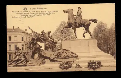 AK Belgique: Anvers - Monument de la Guerre mondiale 1914-1919, ANVERS 28.8.1930