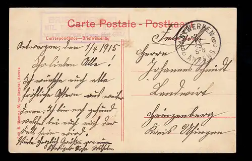 BS Mil. Eisenbahn Maschinenamt ANTWERPEN 2.4.1915 auf passender AK Stadthaus
