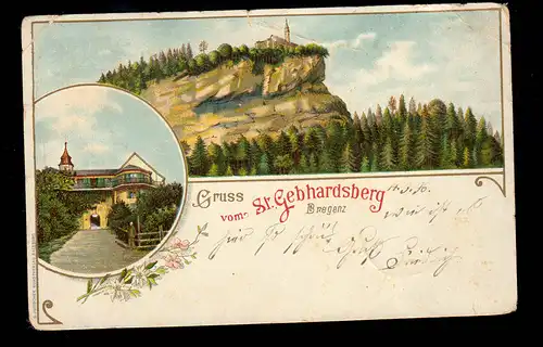 AK Österreich: Gruss aus St. Gebhardsberg, BREGENZ 14.7.1896 n. THENGEN 15.9.96