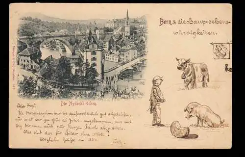 AK Schweiz: Die Nydeckbrücken, mit selbstgemalten Figuren, BERN 14.9.1898