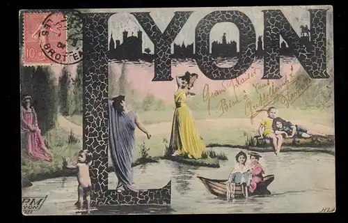 AK France: Lyon - Allegorie Femmes et enfants sur la rivière, couru