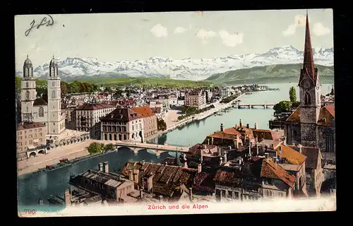 AK Schweiz: Zürich und die Alpen, ZÜRICH 9.4.1906 nach ZUID-SCHARWOUDE 11.4.06