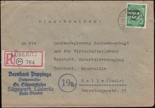 211 SBZ-Aufdruck als EF auf R-Brief Not-R-Zettel LÜDERITZ (Kr. STENDAL) 11.1.49