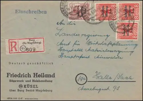 202A mit A 195 SBZ-Aufdrucke in MiF auf R-Brief BURG (BZ.MAGDEBURG) 10.1.1949