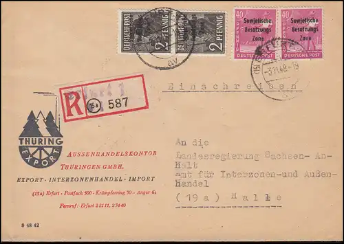 182+193 SBZ-Aufdrucke in MiF auf R-Brief mit Not-R-Zettel ERFURT 1 - 3.11.1948