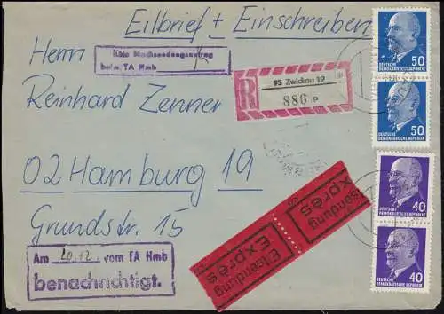 936+937 Ulbricht par paire verticale Eil-R-Lettre ZWICKAU 17.12.1973 à Hambourg