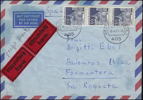 495 Bauwerke 50 Pf senkrechter 3er-Streifen MeF Eil-Bf. MÖNCHENGLADBACH 10.4.71