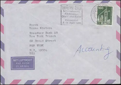 857 IuT Großhochofen 160 Pf als EF Auslandsbrief DÜSSELDORF 24.2.1986 in die USA