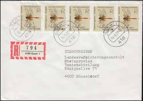 1550 Libellen Heidelibelle als MeF senkr. 5er-Streifen R-Brief GOCH 16.3.1992