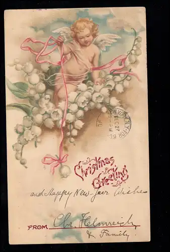 USA AK Weihnachten: Engel mit Maiglöckchen, nach OCHSENFURT 9.1.1903