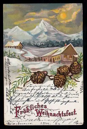 AK Weihnachten: Dorfidylle mit Alpen in Winter, GROSSENHAIN 24.12.1902 
