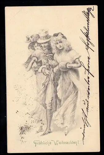 AK Weihnachten: Frauen mit Muff und Mann mit Regenschirm, SCHAFFA 23.12.1900