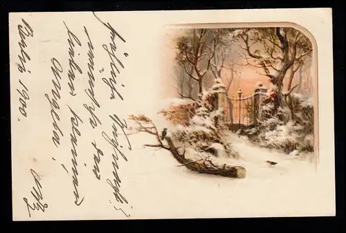 AK Noël: idylle d'hiver dans le jardin, la porte et les oiseaux, BERLIN 14 - 23.12.1900
