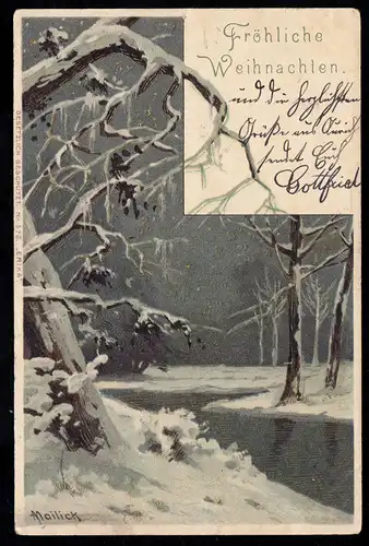 AK Weihnachten: Winterlandschaft mit Eichen und Fluss, AURICH 23.12.1905