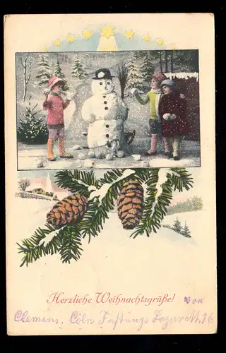 AK Noël: Enfants à la bataille de boules de neige Snowmann Tannenkonten, CÖLN 1916