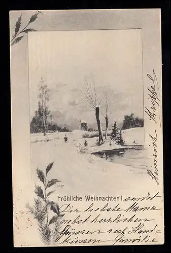 AK Weihnachten: Winterlandschaft mit Mühle, violetter Stempel 1/1 WIEN um 1905