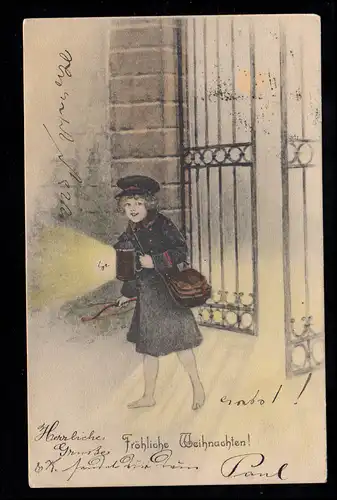 AK Weihnachten: Verkleideter Amor als Postbote mit Lampe, WIEN um 1900