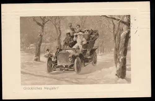 AK Neujahr: Silversterfahrt im offenen Auto, DÜSSELDORF 1.1.1911