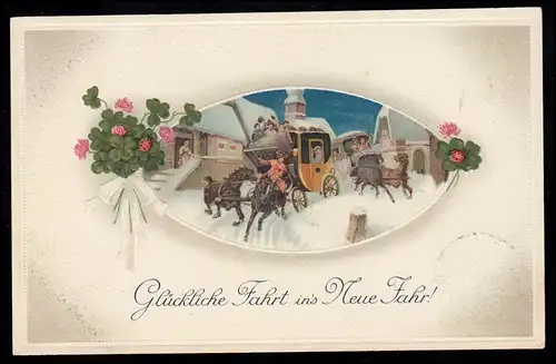 AK Neujahr: Glückliche Fahrt mit der Postkutsche, TANNE (HARZ) 31.12.1913