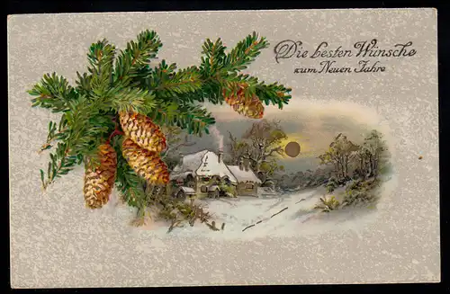 AK Nouvel An: Paysage à pleine lune Branches de sapins de pin, WÜRZBURG 1.1.1916