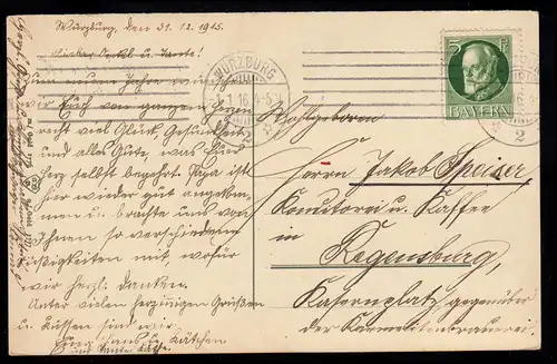 AK Neujahr: Landschaft bei Vollmond Tannenzweige Tannenzapfen, WÜRZBURG 1.1.1916