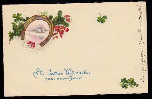 AK Neujahr: Kleinbild im Hufeisen mit Tannengrün und Beeren, ST. PÖLTEN 30.12.33