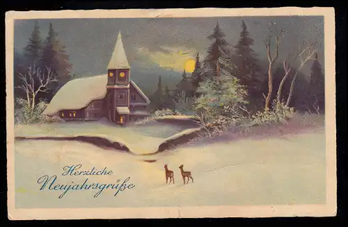 AK Neujahr: Winterlandschaft mit Kirche und Rehen bei Nacht, STRAUBING 29.12.32