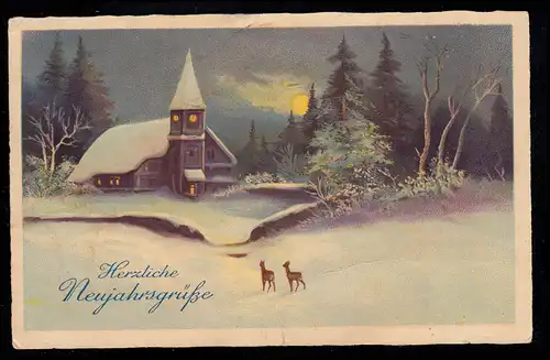 AK Nouvel An: Paysage hivernal avec église et randonnées la nuit, STRAUBING 29.12.32