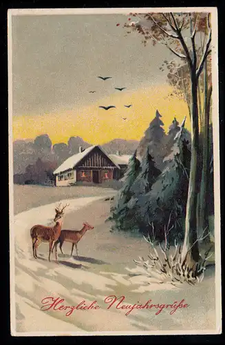AK Neujahr: Waldrand mit Hirschen, Vögel, LUDWIGSBURG Postamt Nr.1 - 30.12.1925