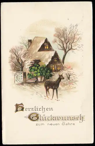 AK Nouvel An: pot de trèfle de chance devant la maison avec des cerfs en hiver, DRESDEN-ALT. 31.12.1930