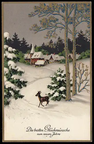 AK Neujahr: Winterlandschaft mit Dorf und Rehbock, VILSECK 29.12.1939