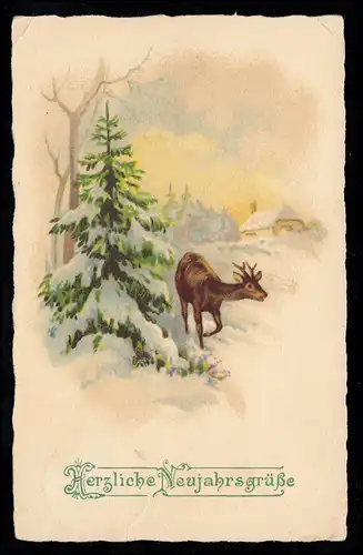 AK Neujahr: Winterlandschaft Waldlichtung mit Rehbock, BERLIN-TEMPELHOF 2.1.1928