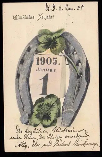 AK Neujahr: Kalenderblatt 1. Januar 1905 Glücksklee Hufeisen, KATTOWITZ 2.1.1905