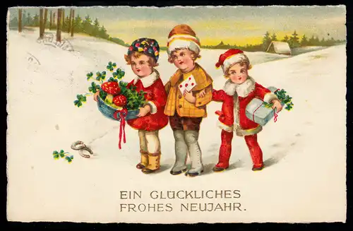 AK Nouvel An: Trois filles avec des porte-bonheur dans la neige, RADEGAST 31.12.27