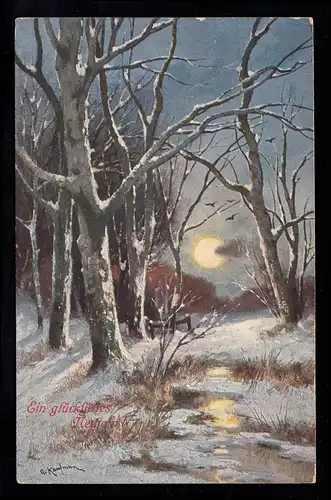 AK Neujahr: Waldidylle bei Vollmond im Winter, ANSBACH 31.12.1913