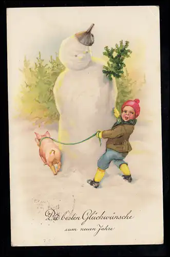 AK Nouvel An: Garçon avec cochon chanceux, grand bonhomme de neige, DÜSSELDORF-GRAFENBERG
