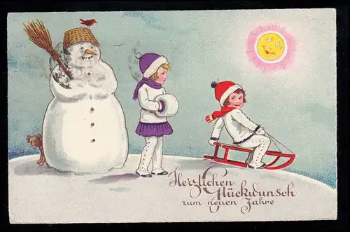 AK Nouvel An: Randonnée en traîneau - Filles Snowmann Chien Soleil,CHEMNITZ 31.12.1929