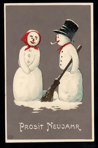 AK Neujahr: Schneefrau und Schneemann mit Besen, GANDERSHEIM 31.12.1910