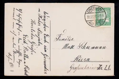 AK Nouvel An: Paire d'oiseaux sous parapluie Pépinière de sapin Fleurs, DRESDEN 31.12.1925