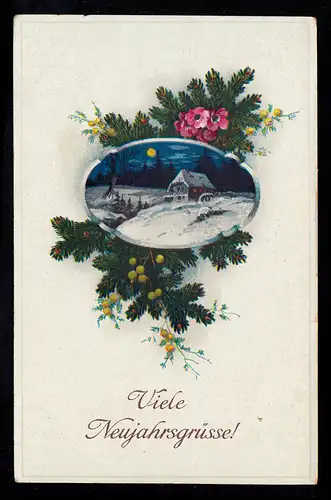 AK Neujahr: Tannenzweige mit kleinem Landschaftsbild bei Nacht LÜBECK 31.12.1926