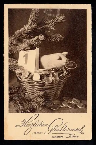 Foto-AK Neujahr: Stillleben mit Glücksschwein Geld Fliegenpilz, LEIPZIG 31.12.38
